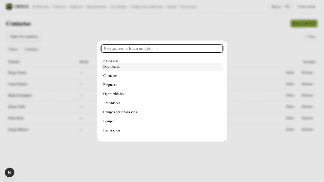 Command menu de CRMAI abierto sobre la lista de contactos